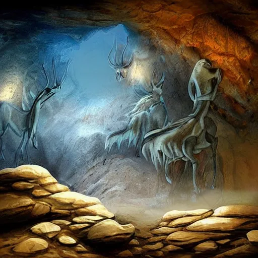 Image similar to realistic prehistoric cave drawings, cave, high quality, rocks, paint