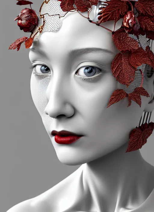 Image similar to complex 3d render ultra detailed of a beautiful porcelain profile woman face, mechanical cyborg, 150 mm, silver gold details, beautiful natural soft light, rim light, magnolia big leaves and stems, roots, fine foliage lace, mesh wire, intricate details, hyperrealistic, mandelbrot fractal, anatomical, red lips, Alexander McQueen haute couture, white metal armor, facial muscles, cable wires, microchip, elegant, octane render, H.R. Giger style, 8k