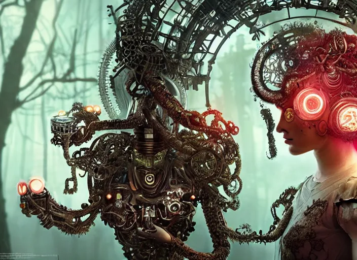 Image similar to intricate mechanical fairy with visible gears having tea with a cyborg gorgon medusa in a magical forest. Very detailed 8k. Fantasy cyberpunk horror. Sharp. Cinematic post-processing