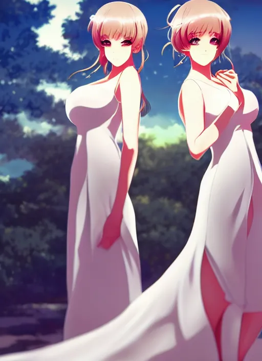 Image similar to two beautiful mothers outside in the evening, white dresses, gorgeous faces, thick lines, cinematic lighting, detailed anime art