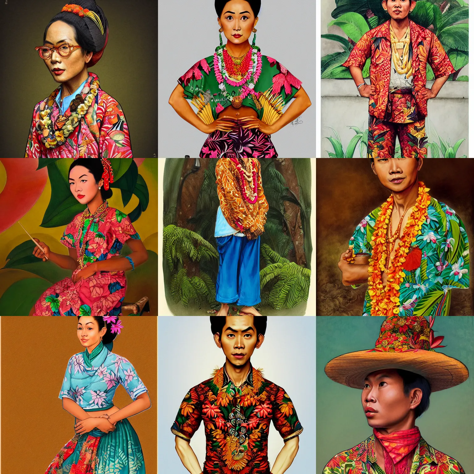 Prompt: a detailed portrait of a fashionable javanese wearing a hawaiian outfit the style of william blake and norman rockwell, kubrick, crisp, vibrant color scheme, crisp, artstationhd