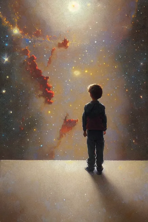 Image similar to a 1 5 year old boy and 2 year old girl looking at a wall and viewing the universe full of galaxies, part by norman rockwell, part by greg rutkowski, part by mattias adolfsson, high angle, ( ( ( ( volumetric lighting ) ) ) ), oil on canvas