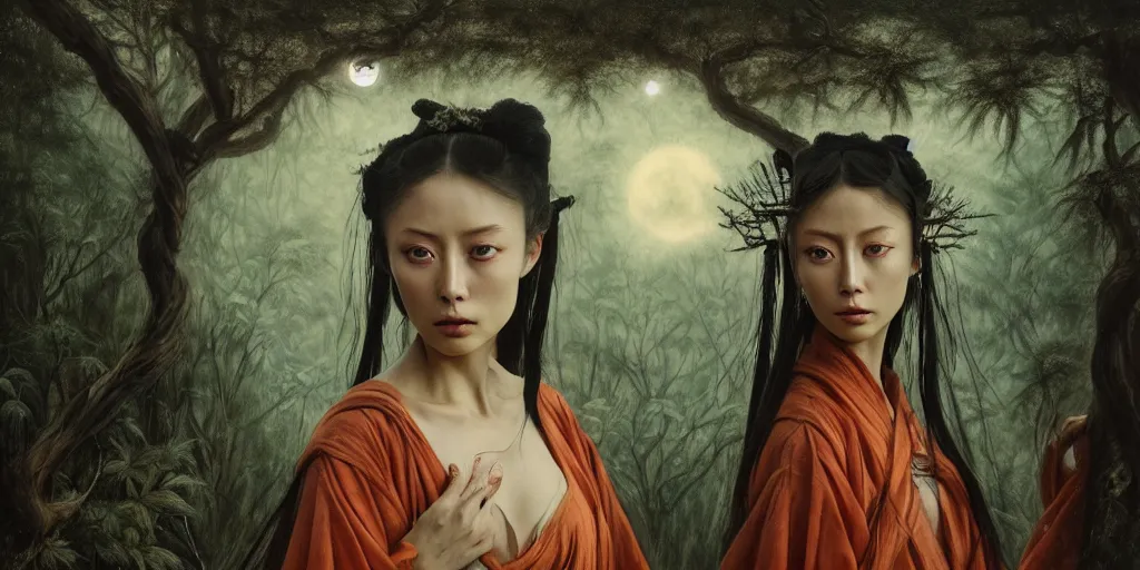 Image similar to wuxia, forest, moonlight, gemma chen, madison beer, angela sarafyan, pinup, intricate beautiful faces, surrealistic painting by agostino arrivabene, vanessa beecroft, anka zhuravleva, mary jane ansell, peter mohbacher, gerald brom