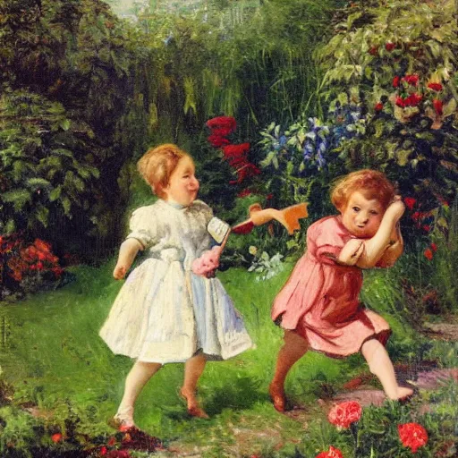 Image similar to children playing in the garden by Beskow Elsa.
