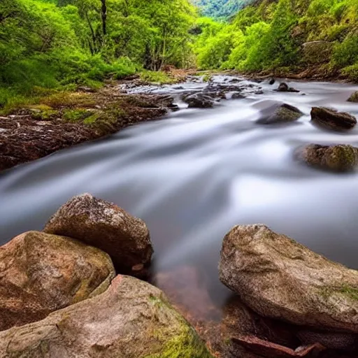 Image similar to a beautiful landscape, river, rocks, trees, lush vegetation