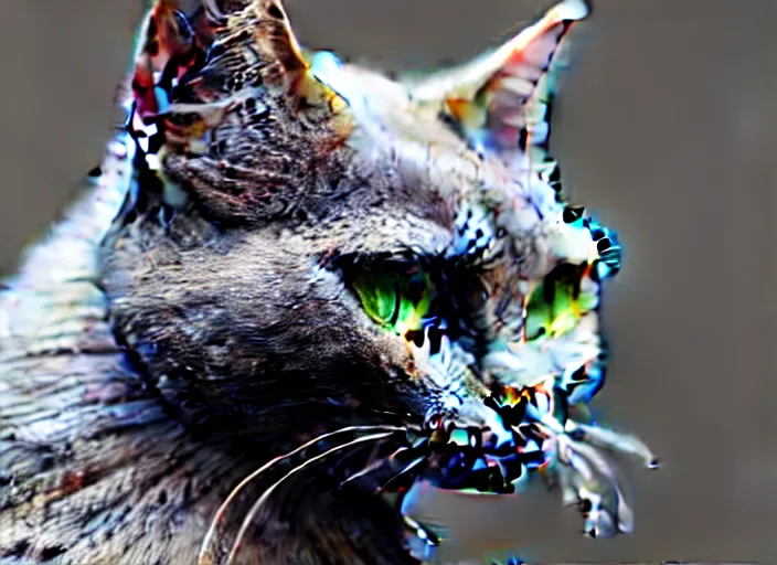 Image similar to hyperrealism, detailed textures, photorealistic 3 d render, a beautiful grey coloured cat with medium hair length, one million lave rivers, sharp focus, ultra realistic, ultra high pixel detail, cinematic, intricate, cinematic light, concept art, illustration, art station, unreal engine 8 k