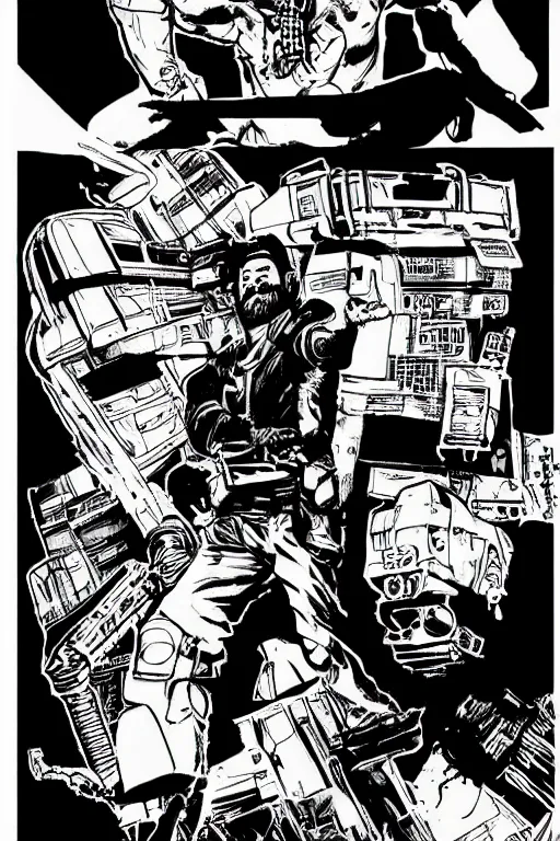 Prompt: billy mays action pose, a page from cyberpunk 2 0 2 0, style of paolo parente, style of mike jackson, adam smasher, johnny silverhand, 1 9 9 0 s comic book style, white background, ink drawing, black and white, colouring pages