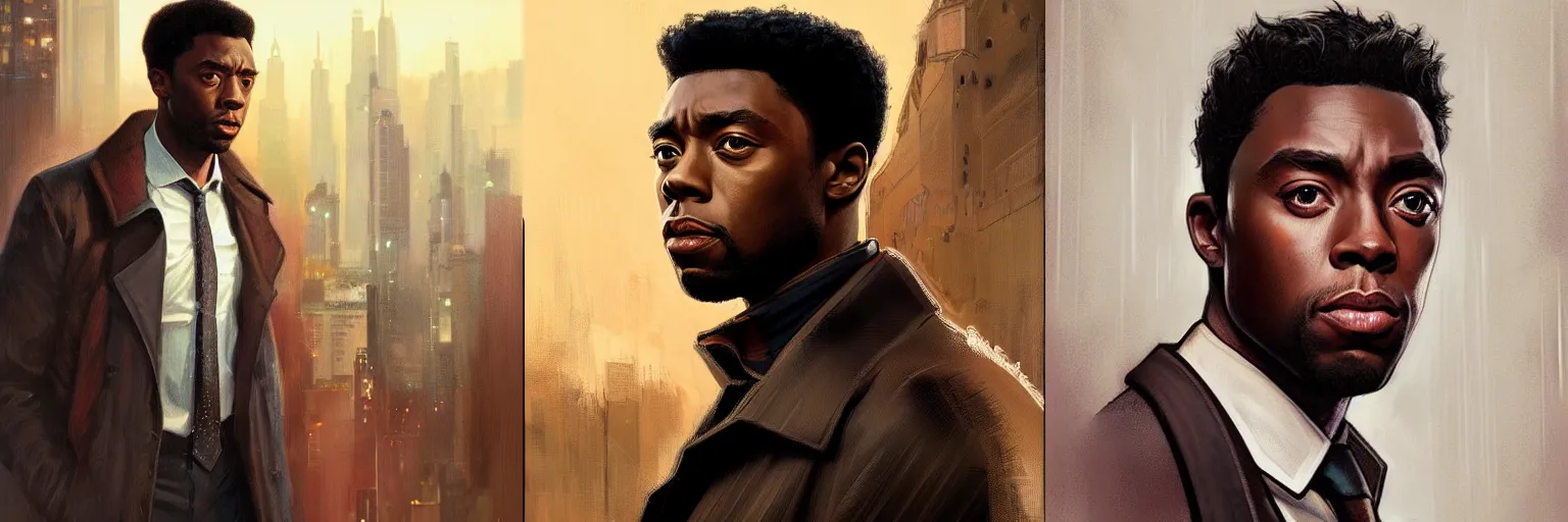 Prompt: portrait of Chadwick Boseman as a detective, highly detailed, digital painting, artstation, concept art, sharp focus, illustration, art by artgerm and greg rutkowski and alphonse mucha