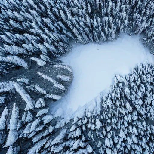 Image similar to sattelite image of snow from 150 meters height, some cutted trees and frozen trees covered with ice and snow, old lumber mill remains, beautiful winter area