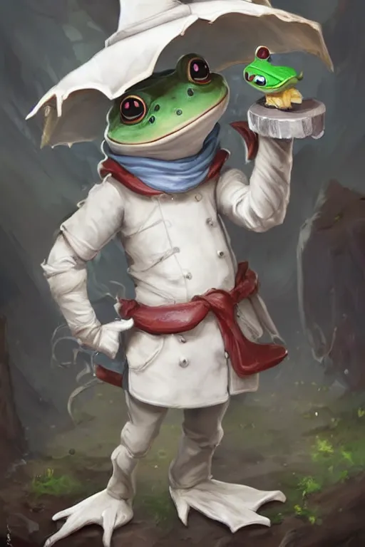 Prompt: cute anthropomorphic frog wearing a white butcher coat with a white butcher hat and holding a cleaver knife ,tiny, small, miniature frog, baby animal, short, pale blue armor, cute and adorable, pretty, beautiful, DnD character art portrait, matte fantasy painting, cgsociety Artstation, by Jason Felix by Steve Argyle by Tyler Jacobson by Peter Mohrbacher, cinematic lighting