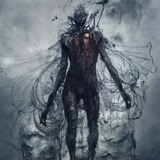 Image similar to mutant fishman sailor old man with gills and scales creatures from the deep ocean by emil melmoth zdzislaw beksinki craig mullins yoji shinkawa realistic render ominous detailed photo atmospheric by jeremy mann francis bacon and agnes cecile ink drips paint smears digital glitches glitchart