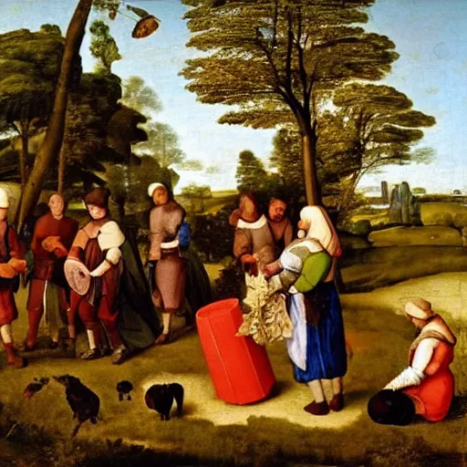 Image similar to feudal serfs sorting through recycling, pastoral scene, renaissance oil painting old master