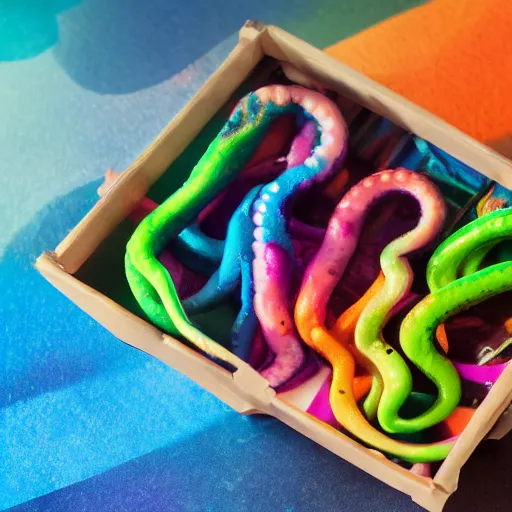 Prompt: octopus tentacles emerging creepily from beneath the lid of a box of crayons. 8 k photo with dramatic lighting.