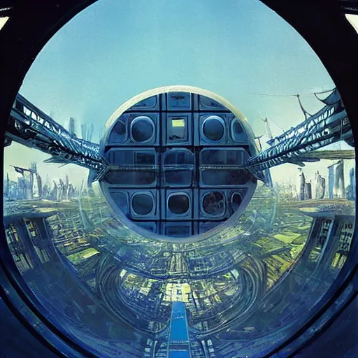 Image similar to overgrown futuristic cityscape located under a bridgeway, world seen only through a portal, daylight, cinematic perspective, cinematic lighting, blue sky, syd mead, john harris, symmetrical