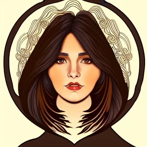 Image similar to curvy brunette woman with straight hair in a short bob, romanian heritage, brown eyes, no bangs, digital art, cartoon, 8k, illustration, art nouveau, Alphonse Mucha, trending on artstation, medium shot, head shot