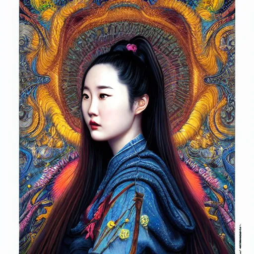 Image similar to portrait of liu yifei, hyper detailed masterpiece, neon floral pattern, jean giraud, digital art painting, darkwave goth aesthetic, psychedelic, artgerm, donato giancola and tom bagshaw