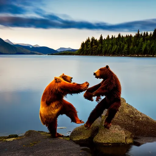 Prompt: kodiak bears kung - fu fighting on a lakefront using salmon as weapons, dusk, 8 k, hdr, cinematic, rule of thirds,