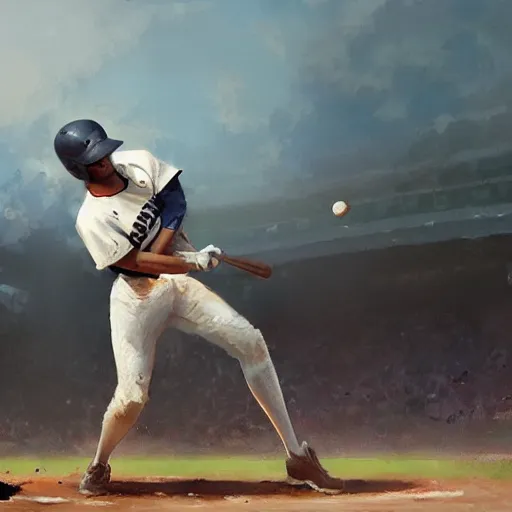 Image similar to baseball player hitting the ball with the baseball bat in the middle of the game and in front of everyone in the stadium, james gurney painting style, greg rutkowski, artstation