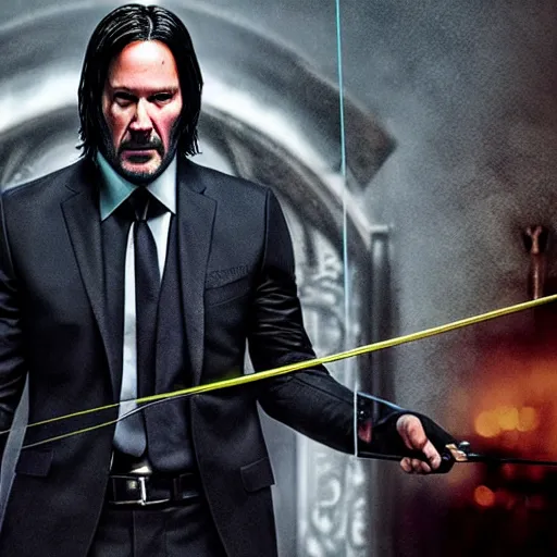 Prompt: John Wick using a bow and arrow.