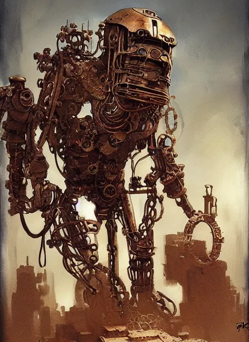 Prompt: bronze golem im steampunk workshop, intricate, elegant, highly detailed, john park, frazetta, sparth, ruan jia, jeffrey catherine jones