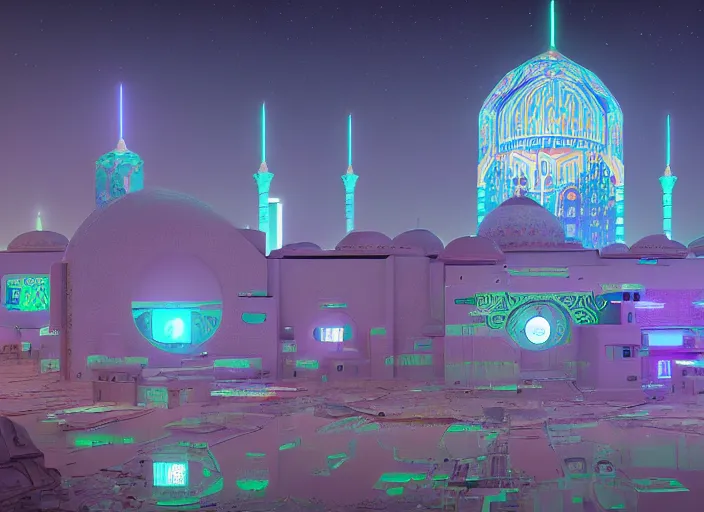 Image similar to a luminescent cyberpunk mosque in arabia by paolo eleuteri serpieri and tomer hanuka and chesley bonestell and daniel merriam and tomokazu matsuyama, unreal engine, high resolution render, featured on artstation, octane, 8 k, highly intricate details, vivid colors, vector illustration