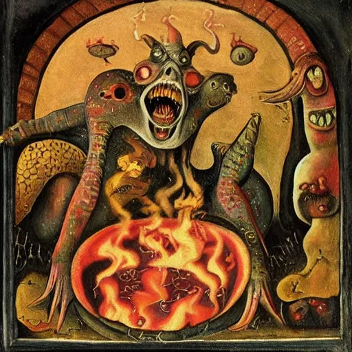 Image similar to monsters consumed transformed transmutation in a fiery alchemical cauldron, painted by bosch hell creatures