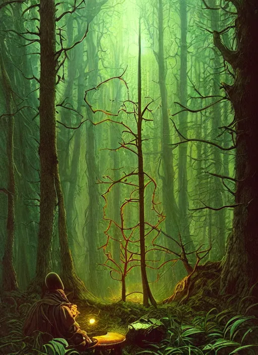 Image similar to hyper realistic witch modem with mood lighting and tech in the woods gorgeous lighting, blue sky, highly detailed, lush forest foliage painting by zdzisław beksinski and norman rockwell and greg rutkowskiweta studio, and lucasfilm