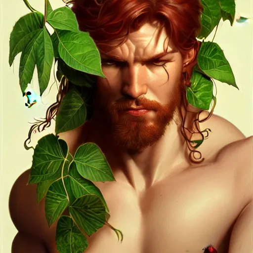 Image similar to A studio portrait of a photorealistic male muscular poison ivy wide angle, deep focus, D&D, fantasy, intricate, elegant, highly detailed, digital painting, artstation, concept art, matte, sharp focus, illustration, hearthstone, art by Artgerm and Greg Rutkowski and Alphonse Mucha