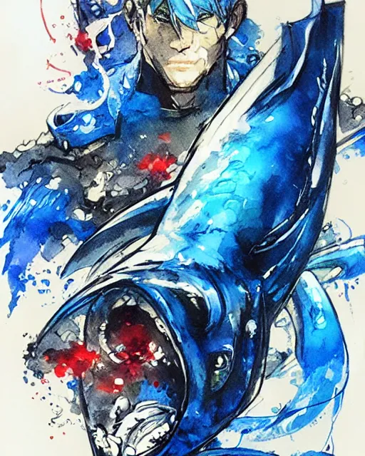 Image similar to Magic Blue Fish Man, drawn by Yoji Shinkawa, water color