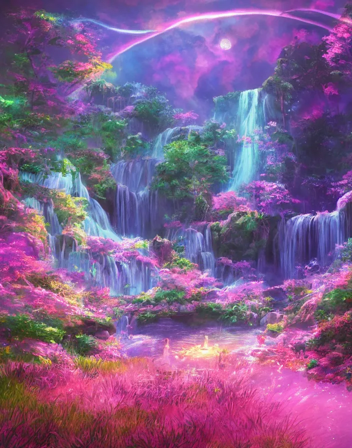 Prompt: huge waterfall with glowing water glowing grass and glowing flowers and glowing fireflies under the moonlight, vibrant colorful light iridescent pastel gradients, high quality, 4k. aesthetic, environment concept art, daytime ethereal anime, high detail Impressionist style, dreamy light color palette, style of studio ghibli and moebius, concept art stunning atmosphere, trending on artstation, volumetric light