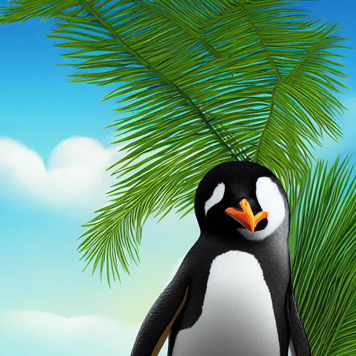 Image similar to penguin with a palm tree growing on its head, digital art, highly detailed