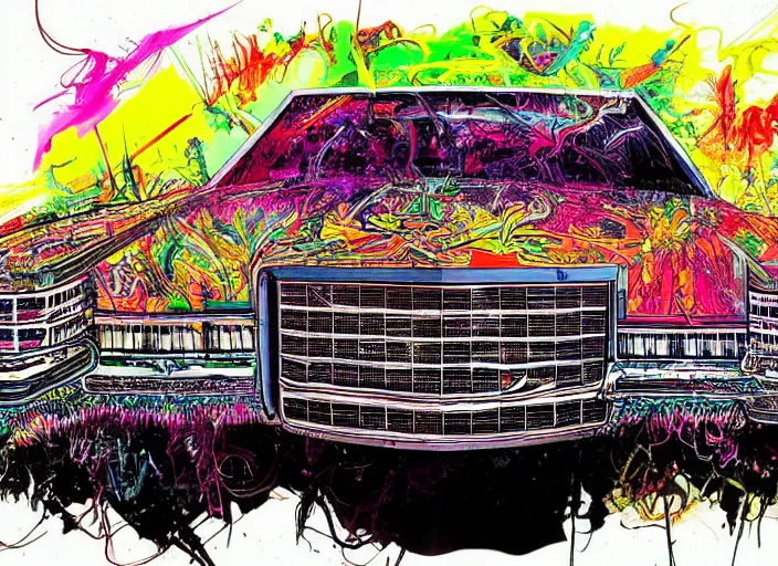 Prompt: psychedelic cadillac illustrations by ralph steadman and bill sienkiewicz and carne griffiths