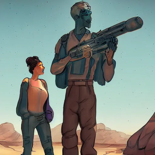 Prompt: Behind shot of a man and woman stargaze in a desert space colony, space, art, sci-fi western, digital art, artstation