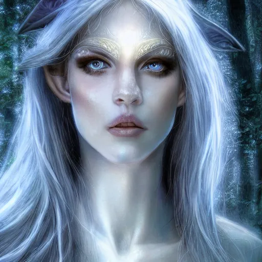Prompt: masterpiece digital painting realistic portrait of beautiful elf goddess, 3 0 years woman, close face view, soft face, moonlight, elf forest background, at night, by luis royo, warcraft, artstation, deviantart, unreal engine, 8 k, cinematic lights