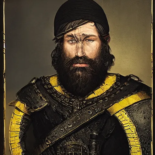 Image similar to Closeup of frustrated and acerbic male medieval sergeant with a {short} beard wearing a {black!!!! and yellow tabard} over a steel breastplate and a black gambeson looking up from a map on a table, intricate, dramatic lighting illustration by Greg Rutkowski, {perfect face}, {perfect eyes}, fantasy