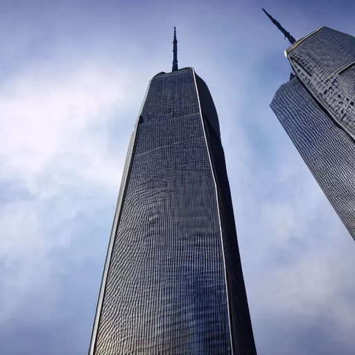 Prompt: sideways Twin Towers collapse horizontally in the cloudless Tuesday sky