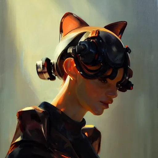 Prompt: Greg Manchess portrait painting of a cyborg cat girl, medium shot, asymmetrical, profile picture, Organic Painting, sunny day, Matte Painting, bold shapes, hard edges, street art, trending on artstation, by Huang Guangjian and Gil Elvgren and Sachin Teng