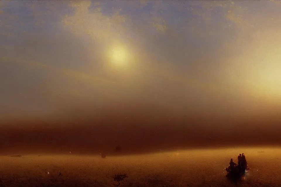 Image similar to sci-fi painting of a large alien city on the vast wheat fields, by Ivan Aivazovsky, godrays, atmospheric, cinematic, detailed