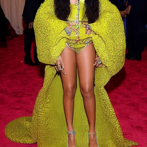 Image similar to rihanna on the met gala red carpet wearing a gown inspired by scooby doo