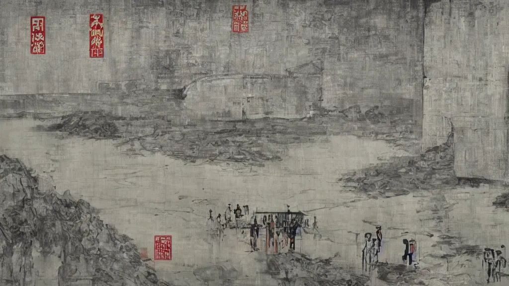 Prompt: a chinese prison near a river by peter doig, acid and grey colors, overlaid with chinese adverts