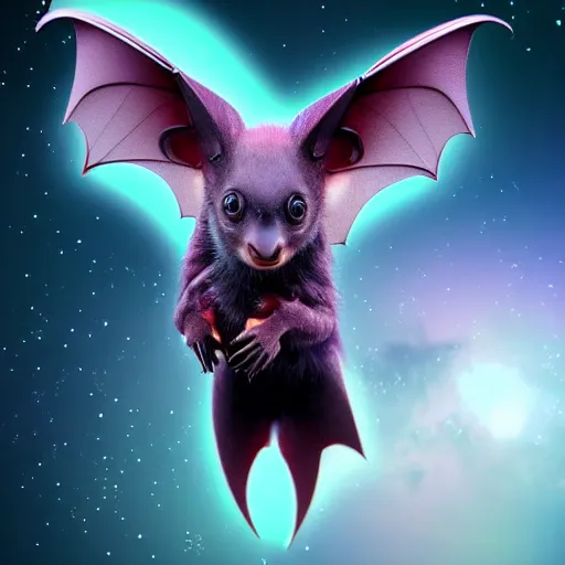 Image similar to a very cute galactic fruit bat, pastel colours, digital art, extremely realistic and detailed 4k