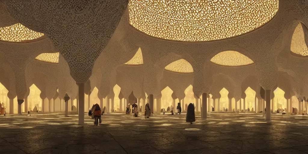 Prompt: Photorealistic exterior of a mosque in giant glowing mushroom underworld, with great domes and arches, people and androids wearing traditional japanese clothing. photorealism, UHD, amazing depth, glowing rich colors, golden ratio, 3D octane cycle unreal engine 5, volumetric lighting, cinematic lighting, cgstation artstation concept art