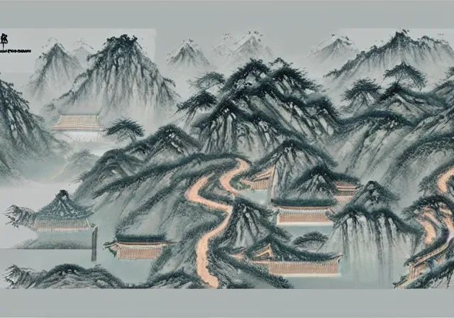 Image similar to ancient Chinese beautiful landscape mode concept art high realism