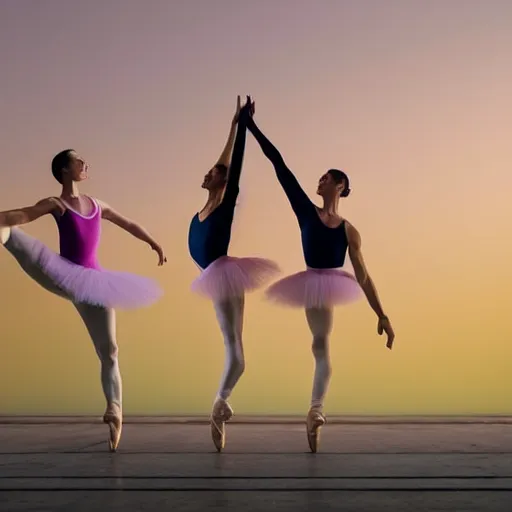 Prompt: ballet dancers doing an extreme stretch choreography, dance photography, pastel colors palette, anatomic photography, high detail, zoom in, foreshortening, natural light