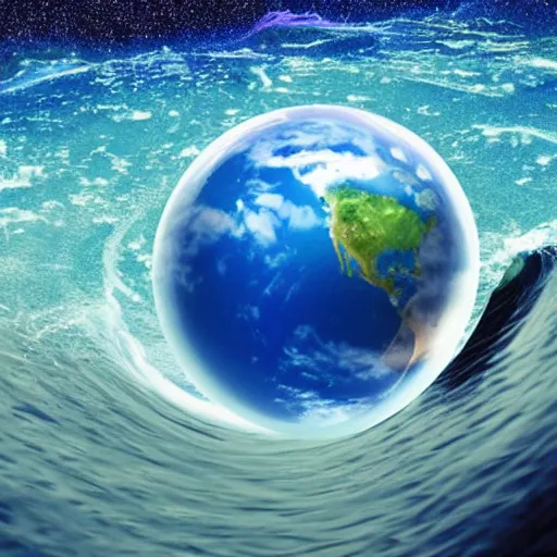 Image similar to planet earth inside a bubble floating on an ocean wave