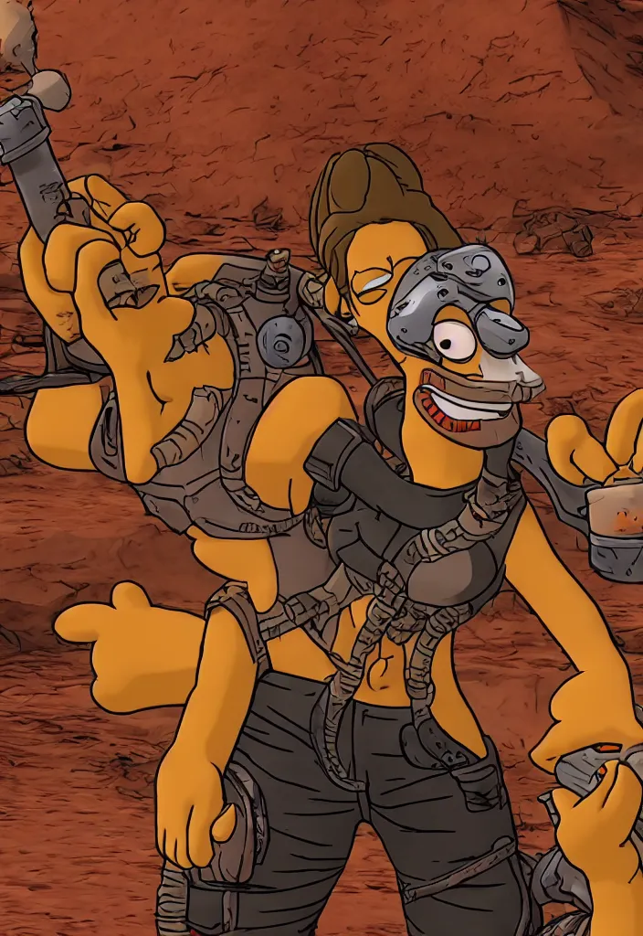 Prompt: Lisa Simpson Fury Road portrait, Borderlands screenshot 4k render