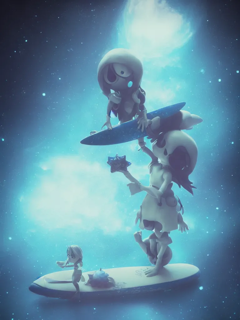 Image similar to cute fumo plush gothic maiden alien girl riding on a surfboard in the waves of the dark galactic abyss, splash, refractive optics, vignette, vray