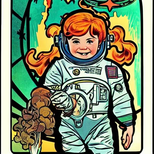 Image similar to a cute little boy with a mischievous face and short ginger hair. he is dressed as an astronaut. well composed, clean elegant painting, beautiful detailed face. comic book art by steve ditko and jack kirby and ( alphonse mucha )