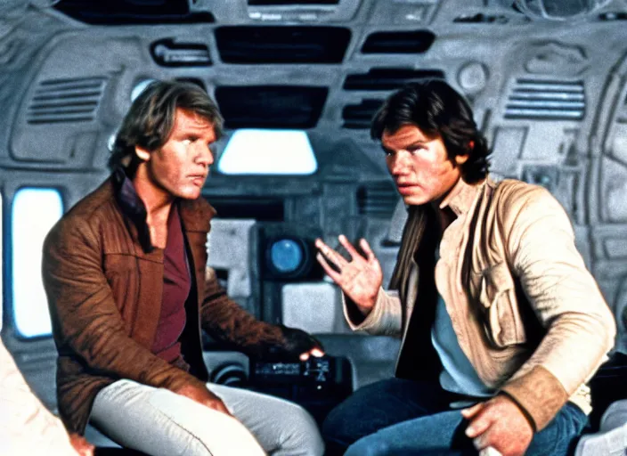 Image similar to screenshot of Han Solo on the millenium falcon talking to a hologram of Luke Skywalker iconic scene from the 1970s sci fi thriller directed by Stanely Kubrick film, color kodak, ektochrome, anamorphic lenses, detailed faces, moody cinematography