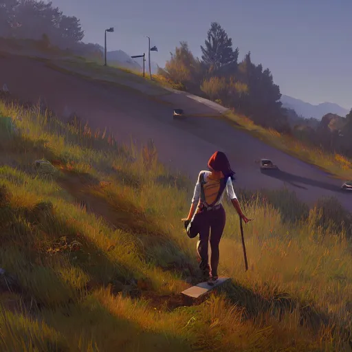 Prompt: planzette schoo up a hill, in gta v, stephen bliss, unreal engine, by greg rutkowski, loish, rhads, makoto shinkai and lois van baarle, ilya kuvshinov, rossdraws, global illumination, radiant light, detailed and intricate environment